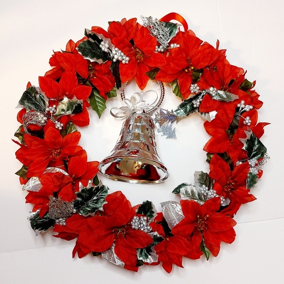 "Silver Bells" Handmade Floral Christmas Wreath Red and Silver 18x18 - Picture 3 of 5